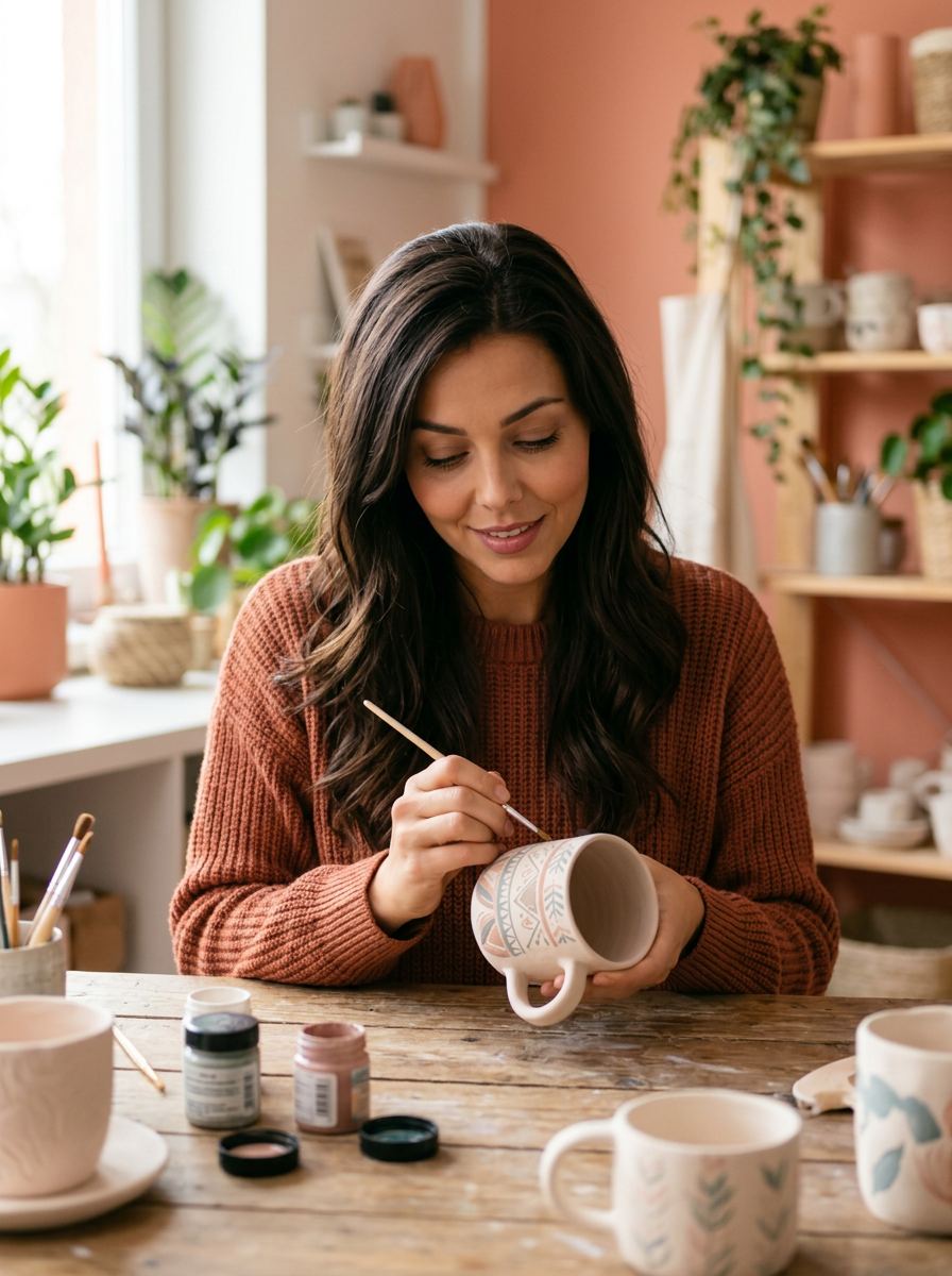 Augusta pintando una taza a mano en un taller luminoso y acogedor